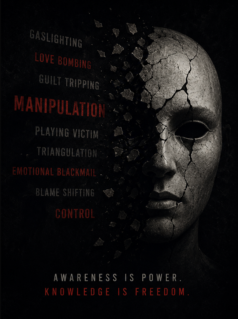 A cracking mask beside a list of manipulation tactics: gaslighting, love bombing, guilt tripping, manipulation, playing victim, triangulation, emotional blackmail, blame shifting, control. Caption: Awareness is power. Knowledge is freedom.