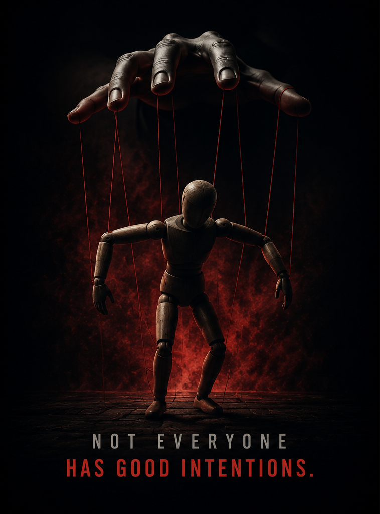 A wooden marionette controlled by strings from above, reading: Not everyone has good intentions.